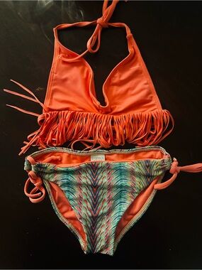 Girl’s L*space Coral Fringe Halter Bikini with Multicolor Patterned Bottoms